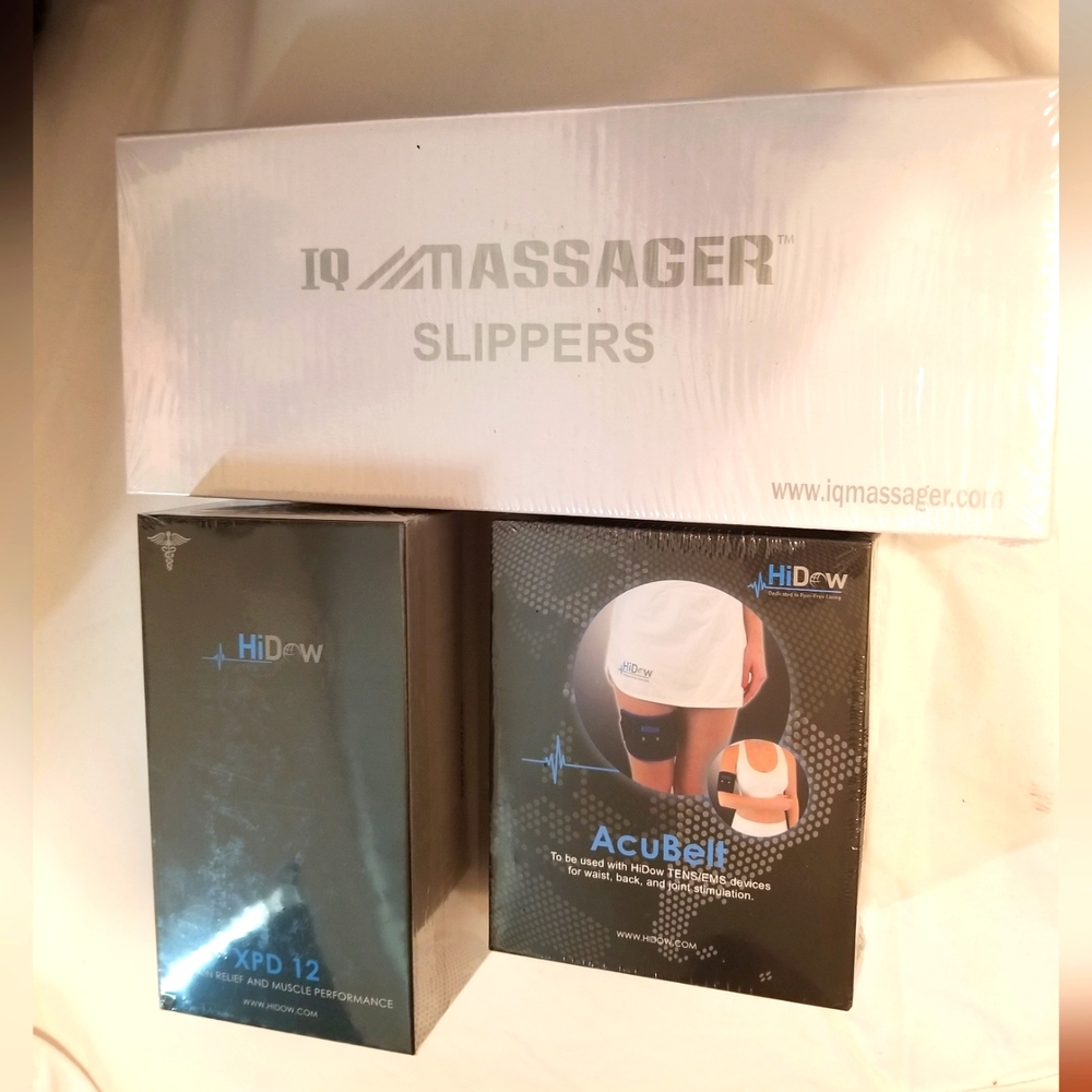 HiDow XPD12 dual TENS Unit + Acubelt + IQ Massager slippers